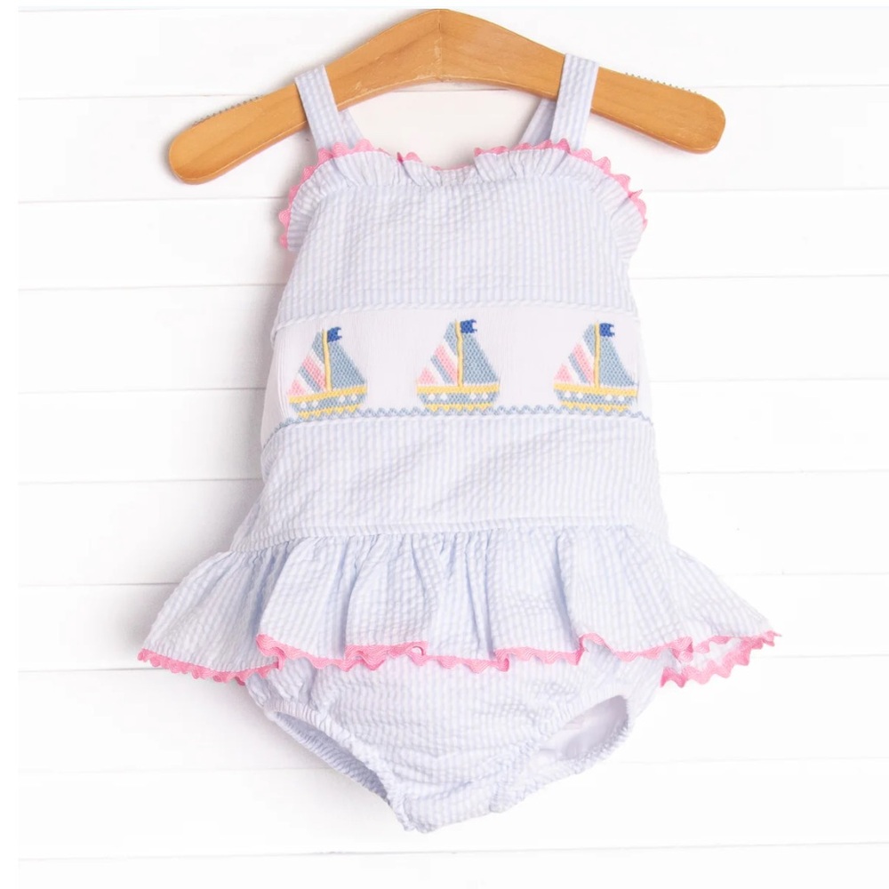 Stitchy Fish Summer Sails Smocked One Piece, Blue